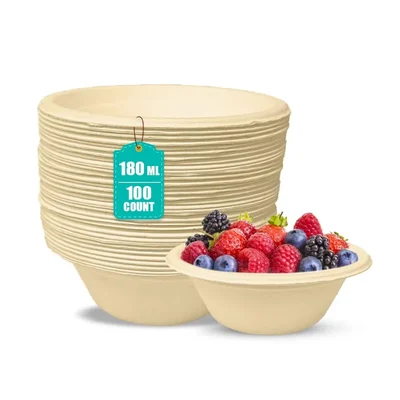 180 ml, Round Disposable Bagasse Bowls for Serving Snacks & Dinner(Pack-100 Pcs)