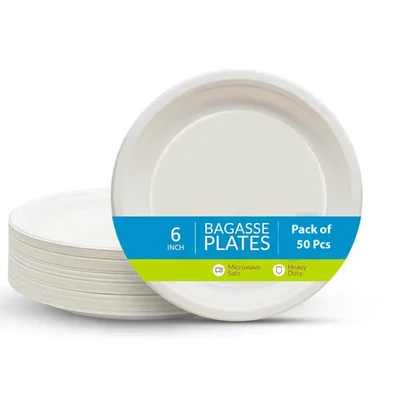 6 Inch White Round Bagasse Plate for Food Serving, Party and Outing Events(Pack-50 Pcs)