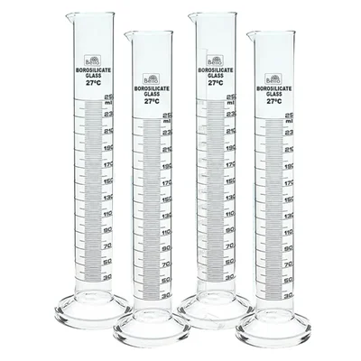 Bello 4pcs of Round Base Measuring Cylinder 250ml, Borosilicate Glass 3.3 for School, College, Laboratory