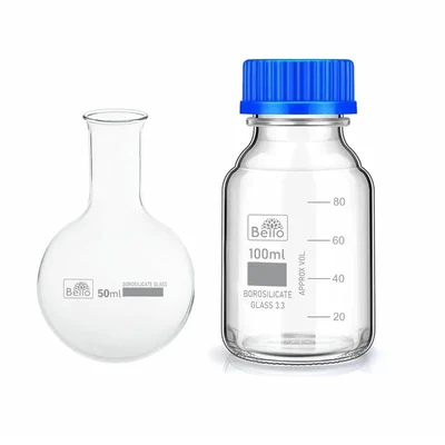 Bello Borosilicate 3.3 Glass Round Bottom 50ml Boiling Flask & 100ml Reagent Bottle with Blue Screw Cap for Laboratory