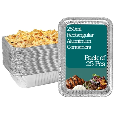 250ml Aluminum Rectangular Disposable Container with White Paper Lid for Safe and Secured Food Packaging(Pack-25 pcs)