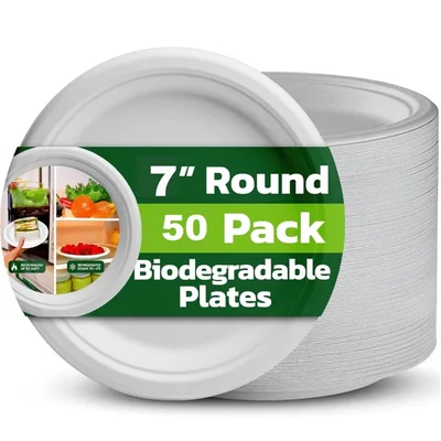 7 Inch White Round Bagasse Plate for Food Serving, Party and Outing Events(Pack-50 Pcs )