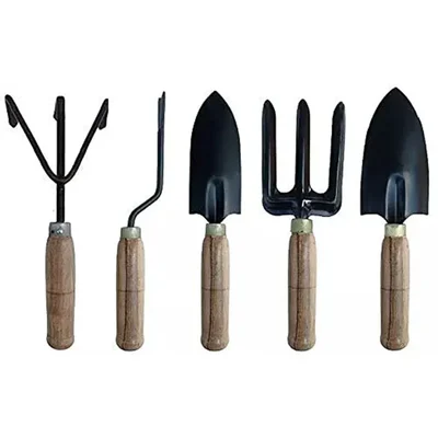 Global Nature Agro Garden Tool Combo of Big & Small Trowel, Hand Weeder, Fork, Cultivator, Powder Coated & Wooden Handle