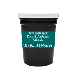 1000ml Black Round Plastic Container with Lid for Food Packaging, Fast Food Serving and Takeaway (Pack-25 Pcs)