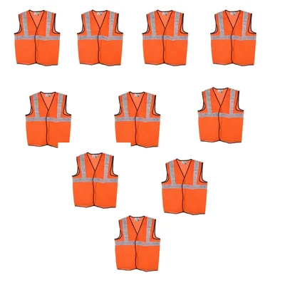 SAFEDOT Pack of 10, 50 GSM Fluorescent Orange Safety Jacket - 2-Inch Micro Prismatic Tape,Durable Polyester Fabric,Quality Zippers & Velcro
