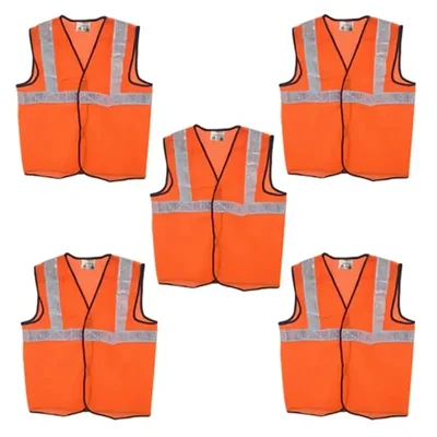 SAFEDOT 50 GSM Fluorescent Orange Safety Jacket - 2-Inch Micro Prismatic Tape,Durable Polyester Fabric,Quality Zippers & Velcro(Pack-5 Pcs)