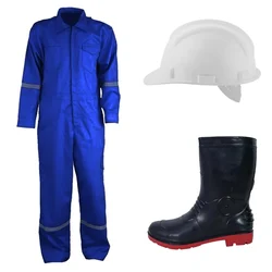 Safety Tools Combo Set of Cotton Blue Boiler Suit, 11 Inch Long Safety Gumboots & White Safety Helmet