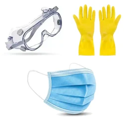 Safety Tools Combo Set of Yellow Rubber Safety Gloves, Chemical Goggle and 3-Ply Face Mask 