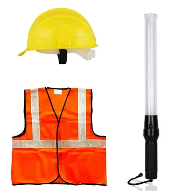 Safety Tools Combo of Safety Jacket with 2 Inch Rflective Tape, 12 Inch Rechargeable Baton Light and Durable Safety Helmet