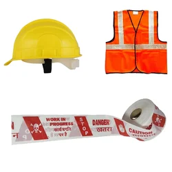 Safety Tools Combo Set of Orange Safety Jacket, Higly Durable Safety Helmet with 100 Meter Danger Tape 