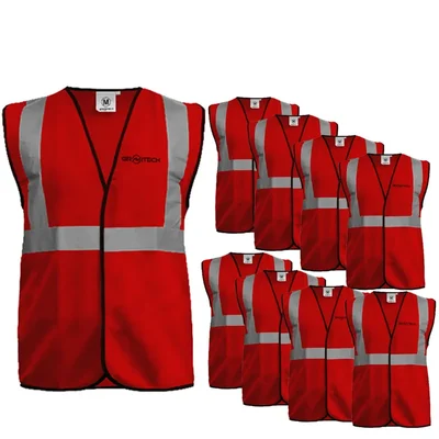Gravitech 100 Pcs 120 GSM Red Colour Safety Jacket With 2" High Grade Reflective Fabric Tape (GI-RJ-02)
