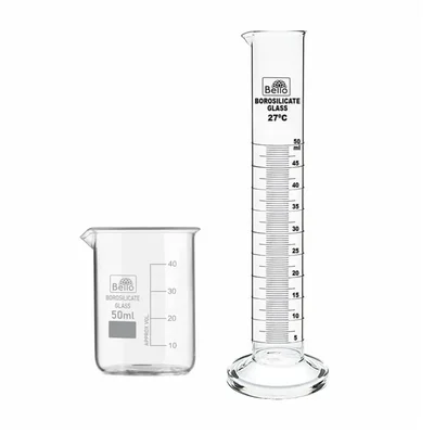 Bello Set of 2 Borosilicate 3.3 Glass Scientific Beaker 50ml & 50ml Cylinder of Round Base for Laboratory