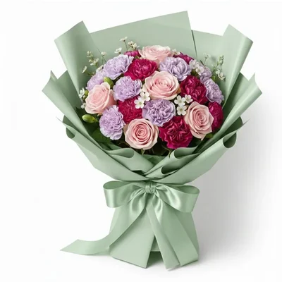 Pack of 2 (40 Sheets) Sea Green Solid Korean Gift Wrap | Waterproof Checked Bouquet Paper + 3 Pull Bows