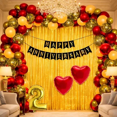 Pack of 5, 55 Pcs Red Golden 2nd Anniversary Decoration Kit with Banner Heart Foil Confetti Balloons Curtain