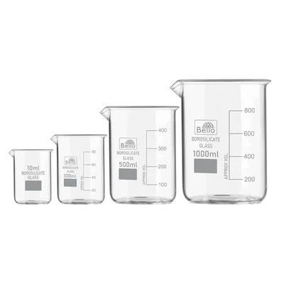 Bello Set of 4pcs Borosilicate 3.3 Glass Beakers with Graduation Marks, 10ml, 100ml, 500ml, 1000ml Capacity for Laboratory