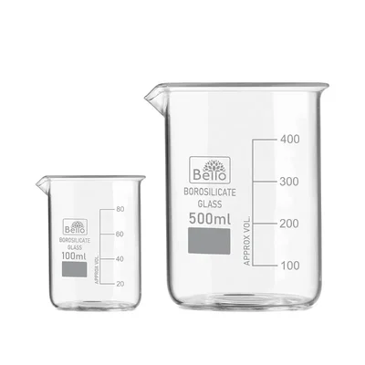 Bello Borosilicate 3.3, Set of 2 Glass Beaker 100 ml, 500 ml with Graduation Marks for Chemistry Laboratory