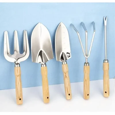 Global Nature Agro Garden Tool Combo of Big & Small Trowel, Hand Weeder, Fork, Cultivator, Nickel Coated & Wooden Handle