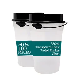 350ml Transparent Thick Walled Shaker Glass with Round Lid for Juice, Mocktails and Shakes(Pack-50)