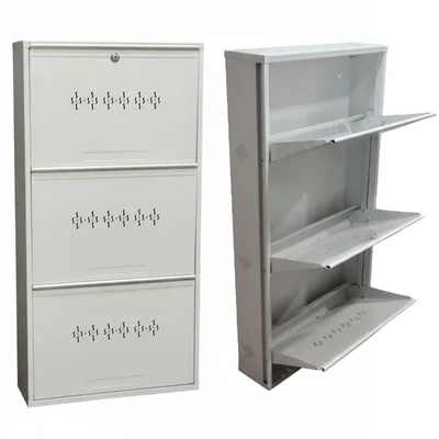 Alija 3 Door 20 x 43 x 5.5 Inch Wall Mount Space Saving Metal Shoe Rack With Doors & Lock For Home,Office (Ivory Colour)