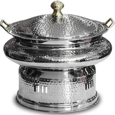 Hammered Stainless Steel Round 8 Litre Silver Chafing Dish with Lid
