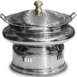 Hammered Stainless Steel Round 8 Litre Silver Chafing Dish with Lid