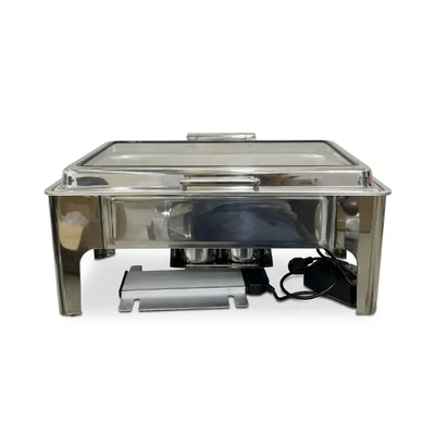 Heavy Duty Silver Rectangular Electric 9L Chafer with Heating Element for Commercial Kitchen Buffet Food Warming