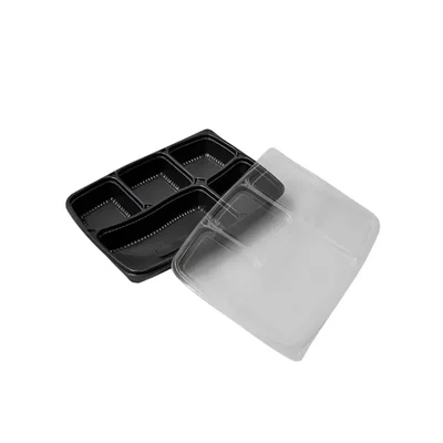 5 Compartment (1200 Pcs) 250 Micron PP Meal Tray With Black Bottom and Clear Lid