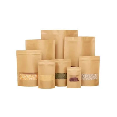 2 Kg, 22x34 cm Brown Kraft Paper Pouch With Transparent Window and Tear Notch 50pcs for Grains, Herbs and Spices