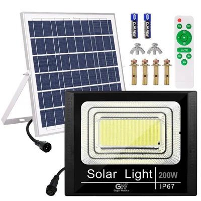 GIGAWATTS 200W Solar Flood Light with 20W Panel & Remote Control Rechargeable Cool White Lights for Outdoor Indoor