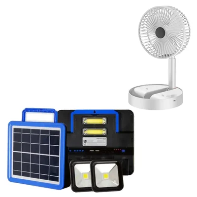 Gramstrong Solar Portable Inverter Emergency Lighting Kit with Foldable Fan and 2 Flood Flash Lights