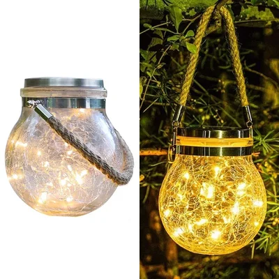 GIGAWATTS GW-506 Solar Light 2V Panel 30 LED Hanging Lantern IP65 Crackle Glass Globe Jar Lamp for Garden (Warm White)