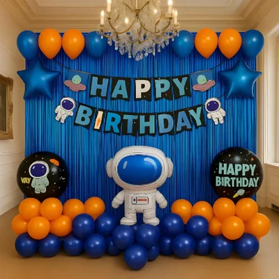 Pack of 4, 50 Pcs, Space Theme Birthday Decor for Boys - Astronaut Foil Balloon, Blue Foil Curtain, Arch Tape