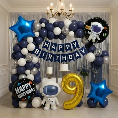 Pack of 4, 50 Pcs, Space Theme 9th Birthday Decor for Boys - Astronaut Foil Balloon, Navy White Silver Balloons, Silver