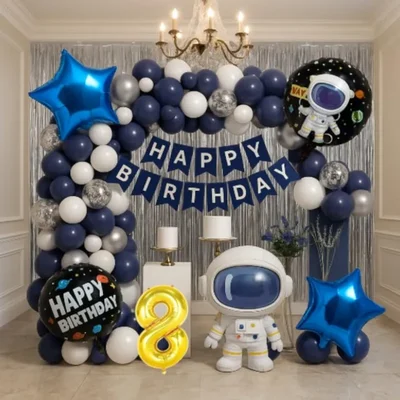 Pack of 4, 50 Pcs, Space Theme 8th Birthday Decor for Boys - Astronaut Foil Balloon, Navy White Silver Balloons, Silver