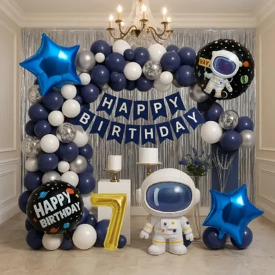 Pack of 4, 50 Pcs, Space Theme 7th Birthday Decor for Boys - Astronaut Foil Balloon, Navy White Silver Balloons, Silver