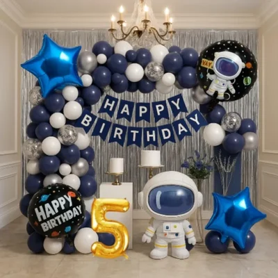 Pack of 4, 50 Pcs, Space Theme 5th Birthday Decor for Boys - Astronaut Foil Balloon, Navy White Silver Balloons, Silver