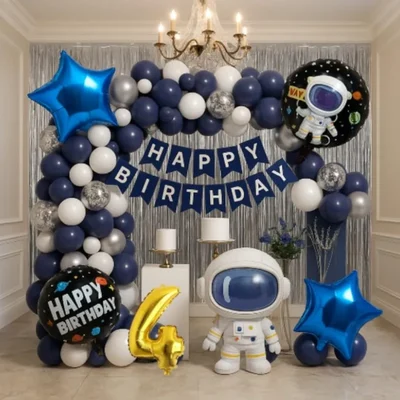 Pack of 4, 50 Pcs, Space Theme 4th Birthday Decor for Boys - Astronaut Foil Balloon, Navy White Silver Balloons, Silver