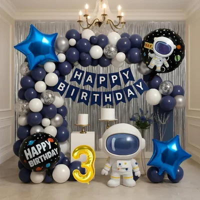 Pack of 4, 50 Pcs, Space Theme 3rd Birthday Decor for Boys - Astronaut Foil Balloon, Navy White Silver Balloons, Silver
