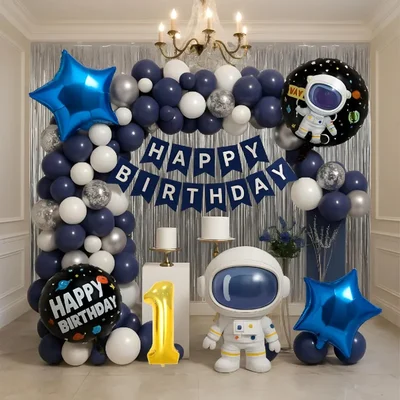 Pack of 4, 50 Pcs, Space Theme 1st Birthday Decor for Boys - Astronaut Foil Balloon, Navy White Silver Balloons, Silver