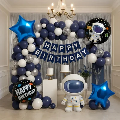 Pack of 4, 50 Pcs, Space Theme Birthday Decor for Boys - Astronaut Foil Balloon, Navy White Silver Balloons, Silver Curt
