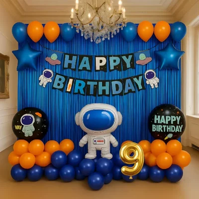 Pack of 4, 50 Pcs, Space Theme 9th Birthday Decor for Boys - Astronaut Foil Balloon, Blue Foil Curtain, Arch Tape