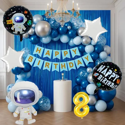 Pack of 4, 50 Pcs, Space Theme 8th Birthday Decor Combo for Boys - Astronaut Foil Balloon, Blue Foil Curtain, Arch Tape
