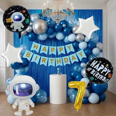 Pack of 4, 50 Pcs, Space Theme 7th Birthday Decor Combo for Boys - Astronaut Foil Balloon, Blue Foil Curtain, Arch Tape