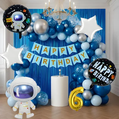 Pack of 4, 50 Pcs, Space Theme 6th Birthday Decor Combo for Boys - Astronaut Foil Balloon, Blue Foil Curtain, Arch Tape