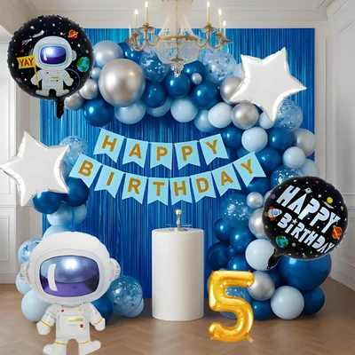 Pack of 4, 50 Pcs, Space Theme 5th Birthday Decor Combo for Boys - Astronaut Foil Balloon, Blue Foil Curtain, Arch Tape