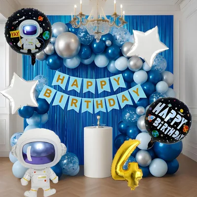 Pack of 4, 50 Pcs, Space Theme 4th Birthday Decor Combo for Boys - Astronaut Foil Balloon, Blue Foil Curtain, Arch Tape