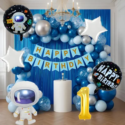 Pack of 4, 50 Pcs, Space Theme 1st Birthday Decor Combo for Boys - Astronaut Foil Balloon, Blue Foil Curtain, Arch Tape