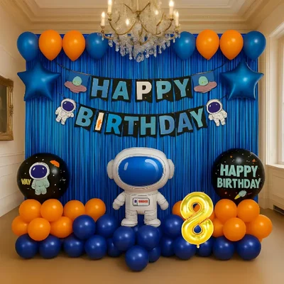Pack of 4, 50 Pcs, Space Theme 8th Birthday Decor for Boys - Astronaut Foil Balloon, Blue Foil Curtain, Arch Tape