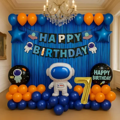 Pack of 4, 50 Pcs, Space Theme 7th Birthday Decor for Boys - Astronaut Foil Balloon, Blue Foil Curtain, Arch Tape