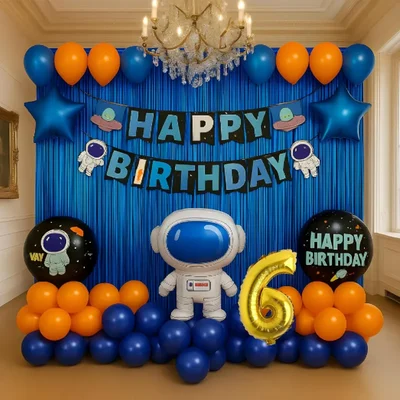 Pack of 4, 50 Pcs, Space Theme 6th Birthday Decor for Boys - Astronaut Foil Balloon, Blue Foil Curtain, Arch Tape